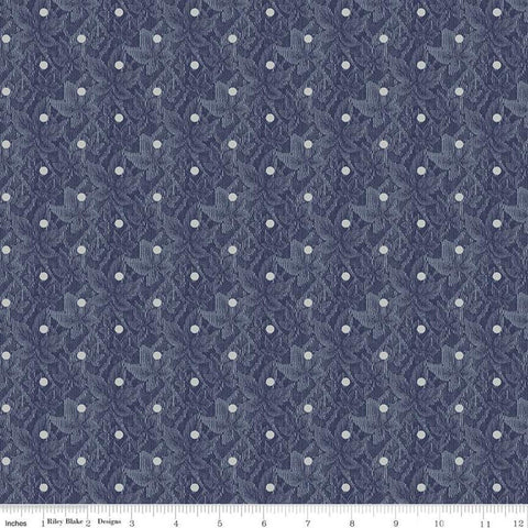 Buttercup Blooms Dot C11157 Navy - Riley Blake Designs - Polka Dots Dotted on Leafy Background Blue - Quilting Cotton Fabric