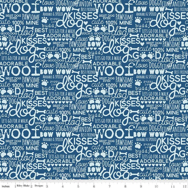 19" End of Bolt - SALE Cooper Words C11402 Blue - Riley Blake Designs - Dogs Dog Text - Quilting Cotton Fabric