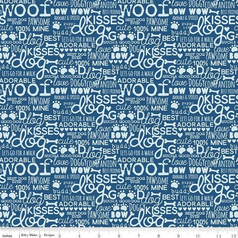 19" End of Bolt - Cooper Words C11402 Blue - Riley Blake Designs - Dogs Dog Text - Quilting Cotton Fabric