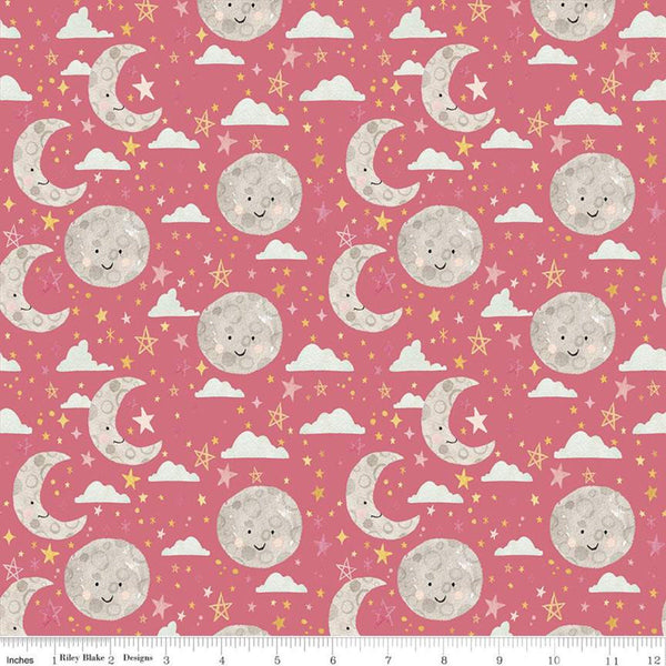 CLEARANCE FLANNEL Baby Girl Moon and Stars F11442 Dark Pink - Riley Blake Designs - Juvenile Moons Stars Clouds - FLANNEL Cotton Fabric