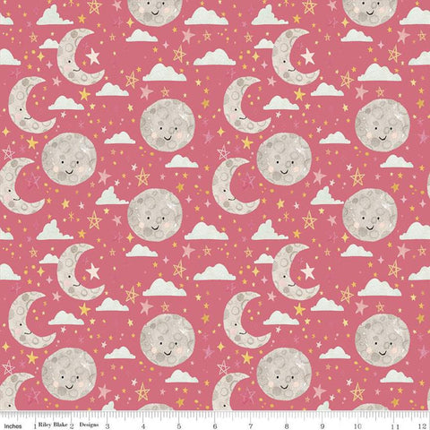 CLEARANCE FLANNEL Baby Girl Moon and Stars F11442 Dark Pink - Riley Blake Designs - Juvenile Moons Stars Clouds - FLANNEL Cotton Fabric