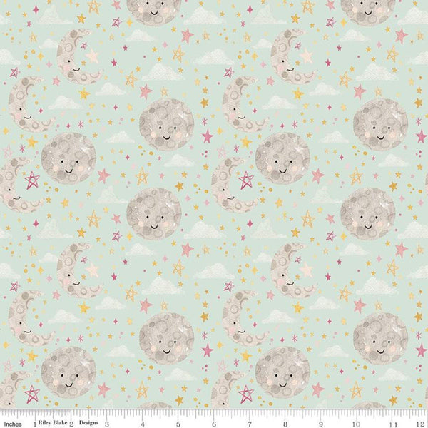 SALE FLANNEL Baby Girl Moon and Stars F11442 Mint - Riley Blake Designs - Juvenile Moons Stars Clouds Green - FLANNEL Cotton Fabric