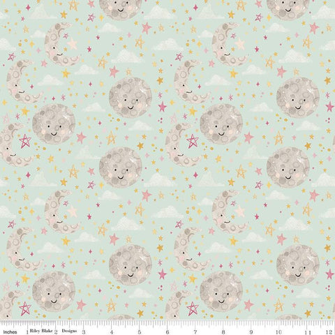 SALE FLANNEL Baby Girl Moon and Stars F11442 Mint - Riley Blake Designs - Juvenile Moons Stars Clouds Green - FLANNEL Cotton Fabric