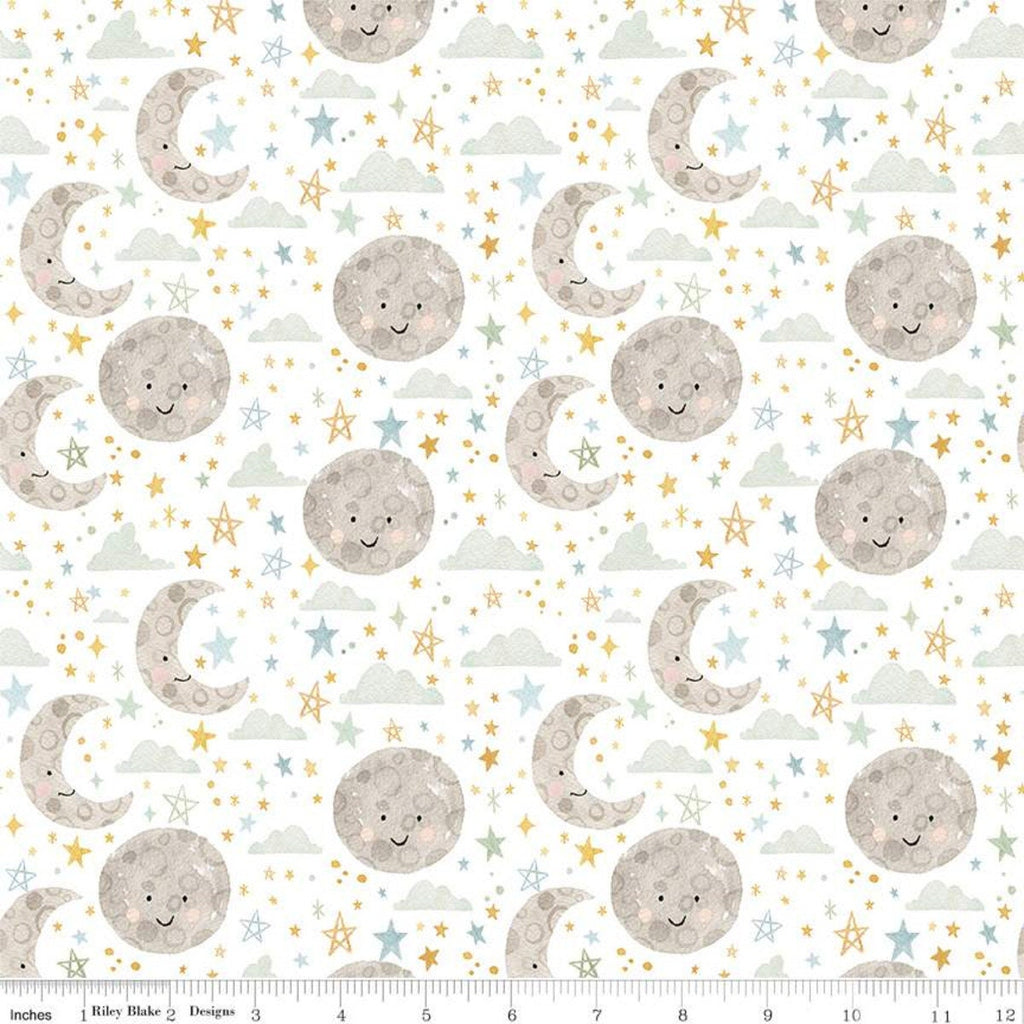 25" End of Bolt Piece - FLANNEL Baby Boy Moon and Stars F11442 Multi - Riley Blake - Moons Stars Clouds on White - FLANNEL Cotton Fabric
