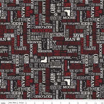 CLEARANCE FLANNEL Wild at Heart Words F11448 Black - Riley Blake Designs - Outdoors Icons Text Cream Red Black - FLANNEL Cotton Fabric
