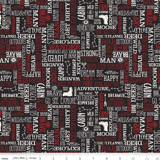 CLEARANCE FLANNEL Wild at Heart Words F11448 Black - Riley Blake Designs - Outdoors Icons Text Cream Red Black - FLANNEL Cotton Fabric