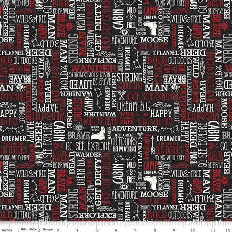 SALE FLANNEL Wild at Heart Words F11448 Black - Riley Blake Designs - Outdoors Icons Text Cream Red Black - FLANNEL Cotton Fabric