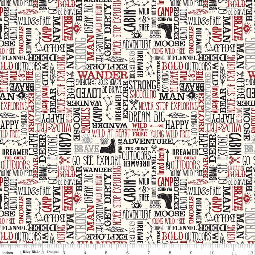 CLEARANCE FLANNEL Wild at Heart Words F11448 Cream - Riley Blake - Outdoors Icons Text Cream Red Black - FLANNEL Cotton Fabric