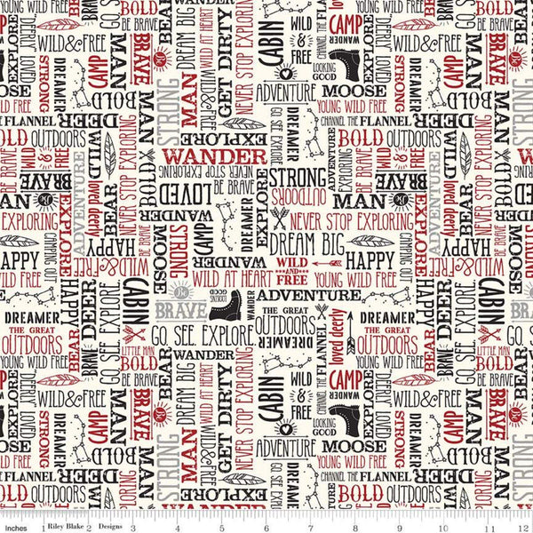 CLEARANCE FLANNEL Wild at Heart Words F11448 Cream - Riley Blake - Outdoors Icons Text Cream Red Black - FLANNEL Cotton Fabric