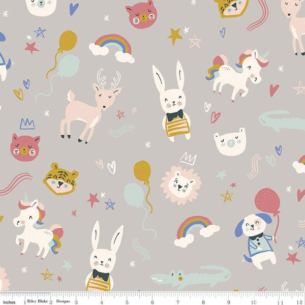 SALE FLANNEL Salt and Honey Party Animals  F11449 Gray - Riley Blake - Juvenile Lions Tigers Unicorns Puppies Deer - FLANNEL Cotton Fabric