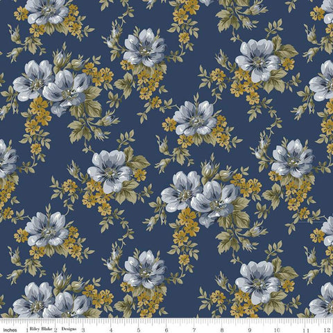 18" End of Bolt - Buttercup Blooms Bouquet C11151 Navy - Riley Blake Designs - Floral Flowers Bouquets Blue - Quilting Cotton Fabric