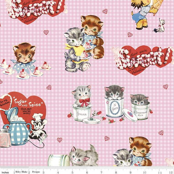 Sugar and Spice Main C11410 Pink - Riley Blake Designs - Valentine's Vintage Animal Valentines PRINTED Gingham - Quilting Cotton Fabric