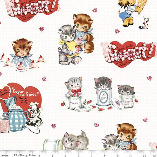 14" End of Bolt - SALE Sugar and Spice Main C11410 White - Riley Blake - Valentine's Vintage Animals Valentines - Quilting Cotton Fabric