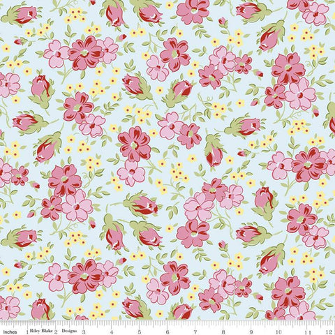 22" End of Bolt - SALE Sugar and Spice Floral C11411 Aqua - Riley Blake - Valentine's Valentines Flowers Blue - Quilting Cotton Fabric