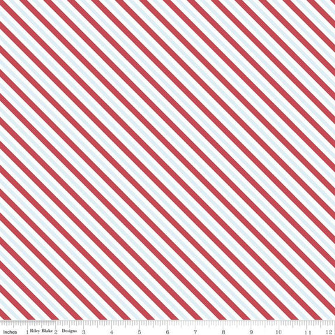 Sugar and Spice Stripe C11415 Aqua - Riley Blake Designs - Valentine's Diagonal Stripes Striped Blue Red White - Quilting Cotton Fabric