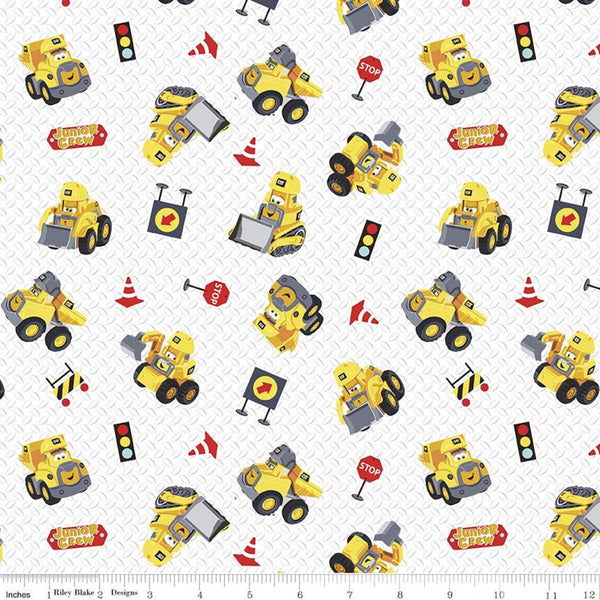 SALE CAT Junior Crew Toys C11472 White - Riley Blake Designs - Juvenile Construction Equipment Vehicles Tractors - Quilting Cotton Fabric