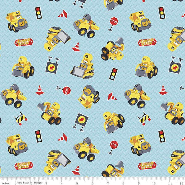 SALE CAT Junior Crew Toys C11472 Aqua - Riley Blake - Juvenile Construction Equipment Vehicles Tractors Blue - Quilting Cotton Fabric