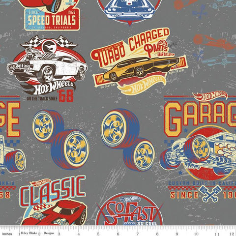 SALE Hot Wheels Classic Main C11480 Cast Iron - Riley Blake Designs - Juvenile Vintage Toy Cars Logo Icons Gray - Quilting Cotton Fabric