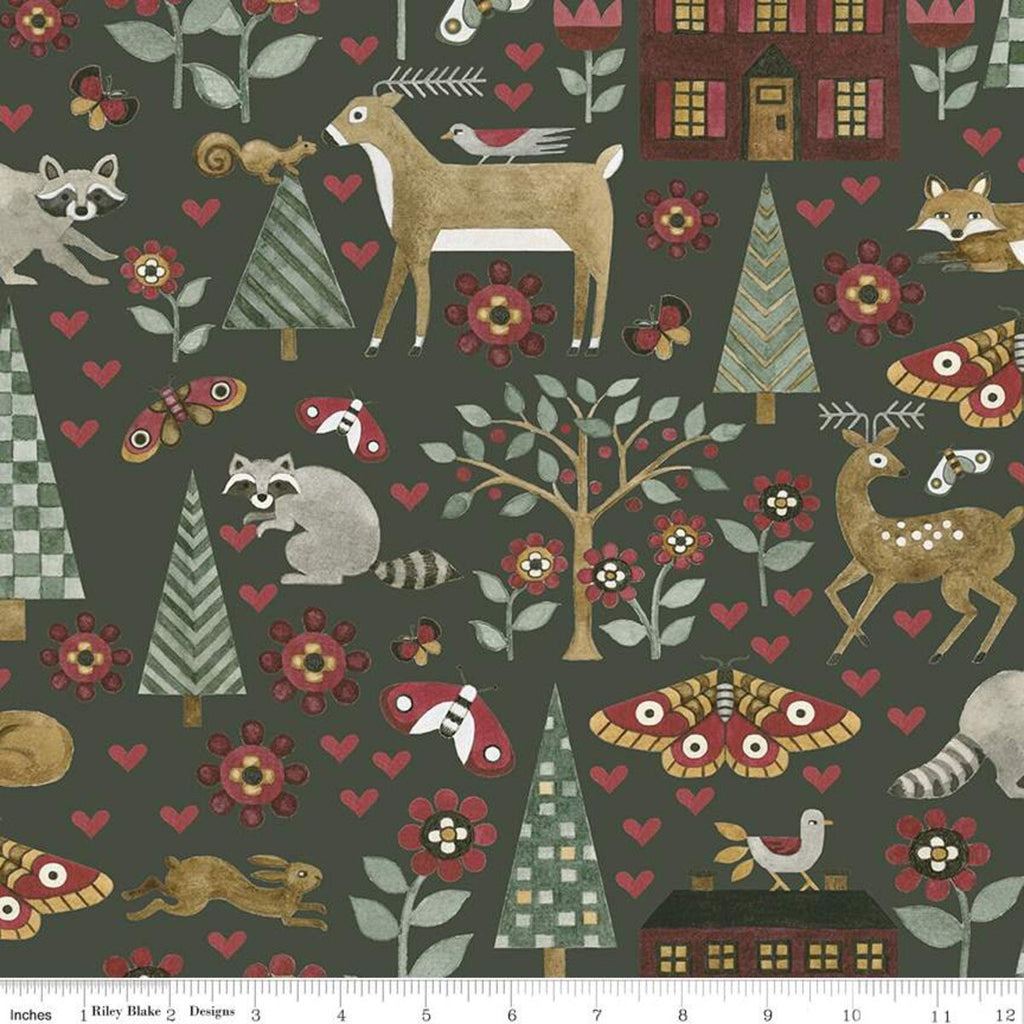 SALE For the Love of Nature Main C11370 Green - Riley Blake Designs - Folk Art Animals Trees Flowers Moths Houses - Quilting Cotton Fabric