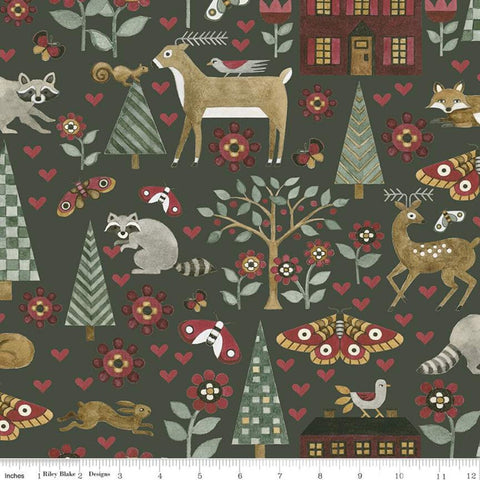For the Love of Nature Main C11370 Green - Riley Blake Designs - Folk Art Animals Trees Flowers Moths Houses - Quilting Cotton Fabric