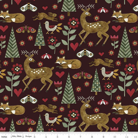 For the Love of Nature Animals C11371 Mahogany -Riley Blake- Folk Art Deer Fox Moths Birds -Quilting Cotton