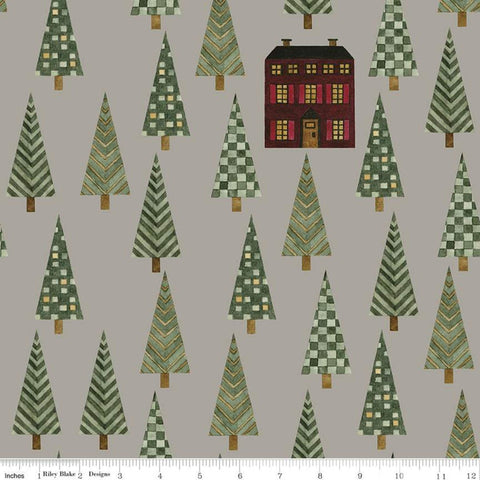 27" End of Bolt Piece - CLEARANCE For the Love of Nature Trees C11372 Gray - Riley Blake - Folk Art Houses Forest - Quilting Cotton Fabric