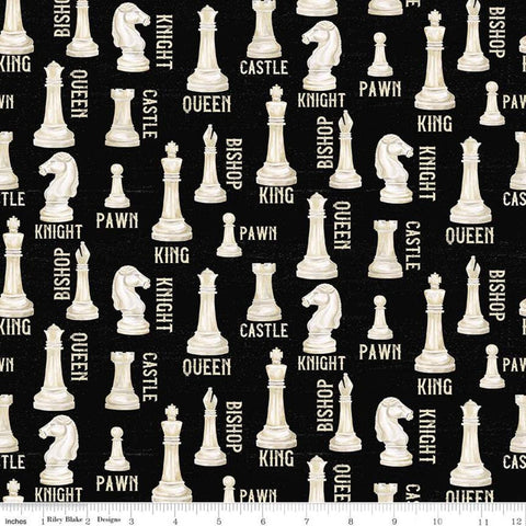 SALE I'd Rather Be Playing Chess Pieces C11260 Black - Riley Blake Designs - Off White Pieces Text Piece Names - Quilting Cotton Fabric