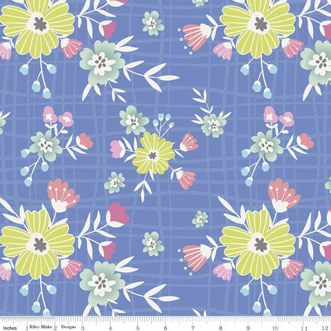 SALE Mulberry Lane Main C11560 Blue - Riley Blake Designs - Floral Flowers Irregular Grid Background - Quilting Cotton Fabric