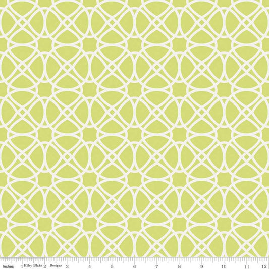 31" End of Bolt - Mulberry Lane Garden Gate Loops C11565 Lime - Riley Blake - Geometric Circles Green Off White - Quilting Cotton Fabric