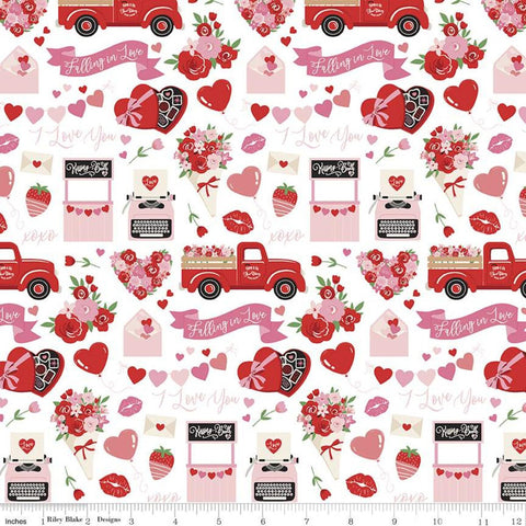 SALE Falling in Love Main C11280 White - Riley Blake Designs - Valentine's Day Text Icons Hearts Flowers Trucks - Quilting Cotton Fabric