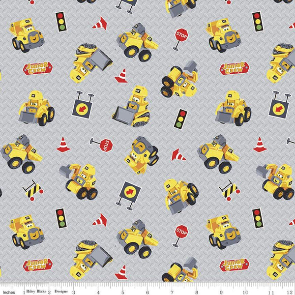 CAT Junior Crew Toys C11472 Gray - Riley Blake Designs - Juvenile Construction Equipment Tractors Vehicles - Quilting Cotton Fabric