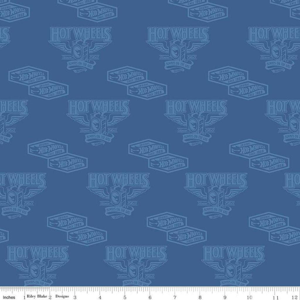 CLEARANCE Hot Wheels Classic Vintage Decals C11482 Blue - Riley Blake Designs - Vintage Cars Tone-on-Tone Logo - Quilting Cotton Fabric