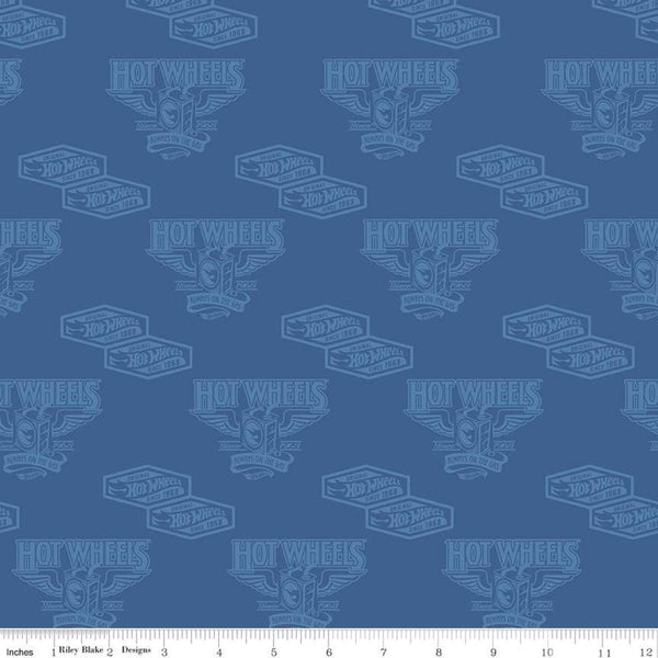 CLEARANCE Hot Wheels Classic Vintage Decals C11482 Blue - Riley Blake Designs - Vintage Cars Tone-on-Tone Logo - Quilting Cotton Fabric