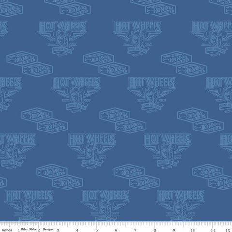 CLEARANCE Hot Wheels Classic Vintage Decals C11482 Blue - Riley Blake Designs - Vintage Cars Tone-on-Tone Logo - Quilting Cotton Fabric