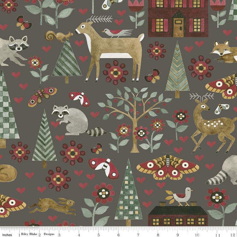 SALE For the Love of Nature Main C11370 Gray - Riley Blake Designs - Folk Art Animals Trees Flowers Moths Houses - Quilting Cotton Fabric