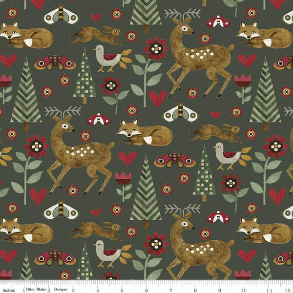 SALE For the Love of Nature Animals C11371 Green - Riley Blake Designs - Folk Art Deer Fox Moths Rabbits Birds - Quilting Cotton Fabric