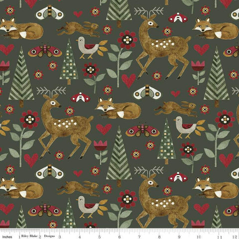 For the Love of Nature Animals C11371 Green - Riley Blake Designs - Folk Art Deer Fox Moths Rabbits Birds - Quilting Cotton Fabric