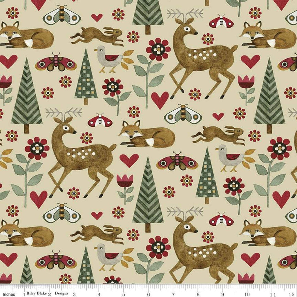 For the Love of Nature Animals C11371 Pearl - Riley Blake Designs - Folk Art Deer Fox Moths Rabbits Birds - Quilting Cotton Fabric