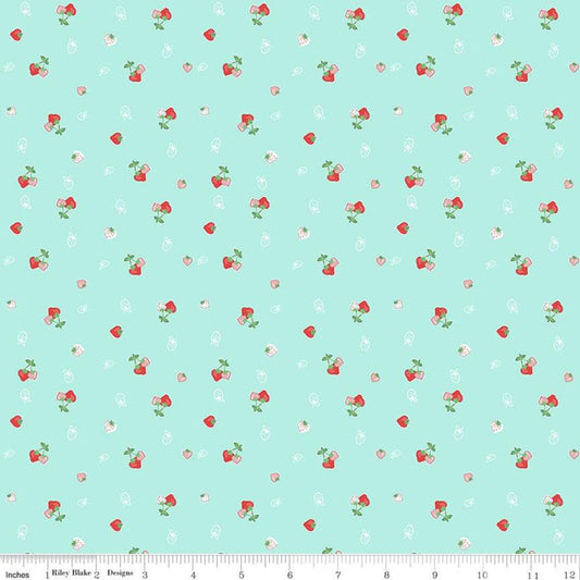25" End of Bolt Piece - Quilt Fair Strawberries C11352 Aqua - Riley Blake Designs - Berries Blue Green - Quilting Cotton Fabric