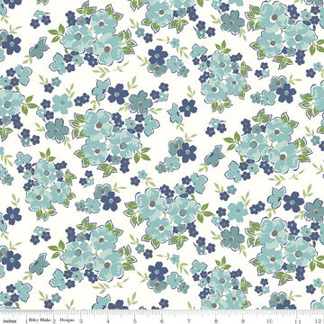 SALE Cook Book Floral C11751 Cottage - Riley Blake Designs - Lori Holt - Blue Green Flowers on Off White  - Quilting Cotton Fabric
