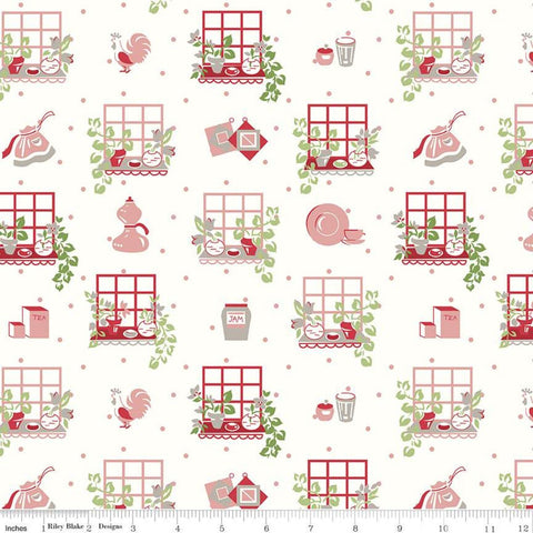 CLEARANCE Cook Book Windows C11756 Coral - Riley Blake Designs - Lori Holt - Vintage Kitchen Windows on Off White - Quilting Cotton Fabric