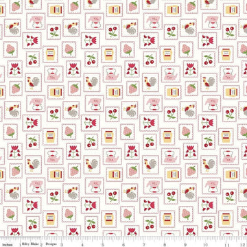 Cook Book Stamps C11757 Red - Riley Blake Designs - Lori Holt - Kitchen Items Roosters Fruit on Off White - Quilting Cotton Fabric