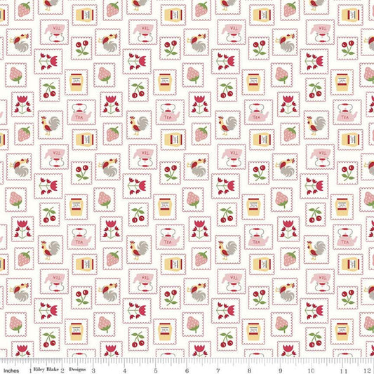 Cook Book Stamps C11757 Red - Riley Blake Designs - Lori Holt - Kitchen Items Roosters Fruit on Off White - Quilting Cotton Fabric