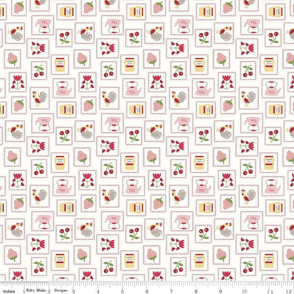 SALE Cook Book Stamps C11757 Red - Riley Blake Designs - Lori Holt - Kitchen Items Roosters Fruit on Off White - Quilting Cotton Fabric