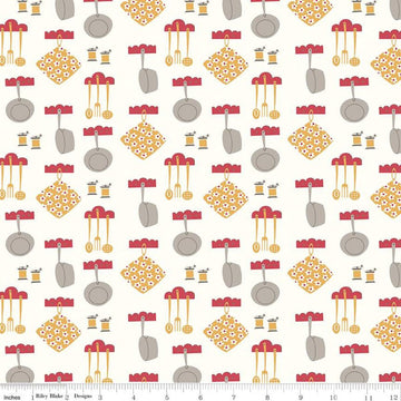 21" End of Bolt - CLEARANCE Cook Book Dinner C11759 Daisy - Riley Blake  - Lori Holt - Pans Hot Pads Utensils on Off White - Quilting Cotton