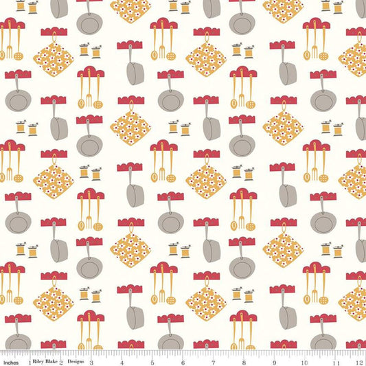 CLEARANCE Cook Book Dinner C11759 Daisy - Riley Blake  - Lori Holt - Pans Hot Pads Utensils on Off White - Quilting Cotton