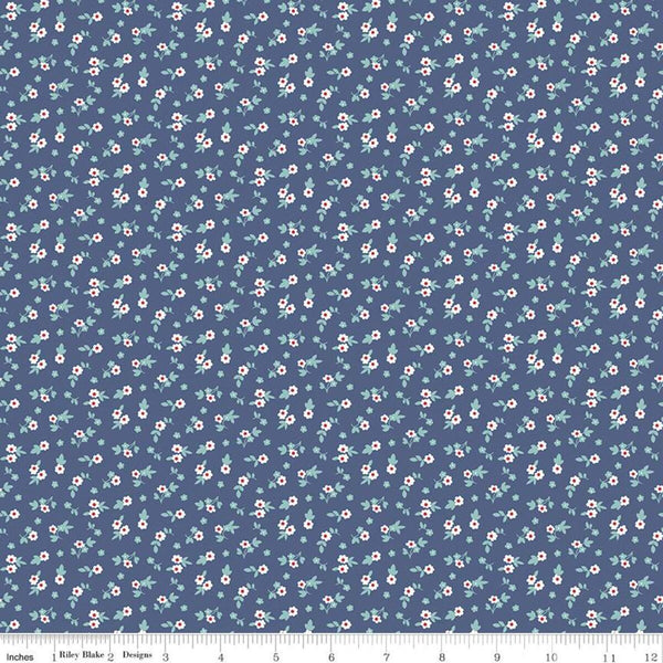 Cook Book Blossom C11763 Denim - Riley Blake Designs - Lori Holt - Floral Flowers Blue - Quilting Cotton Fabric