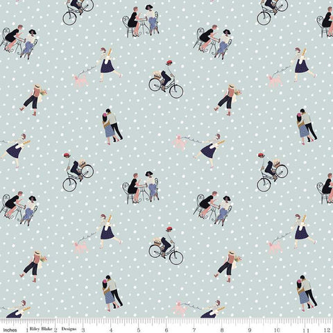 CLEARANCE Saturday in Paris Friends C11361 Mint - Riley Blake Designs - People Bicycles Dots - Quilting Cotton Fabric