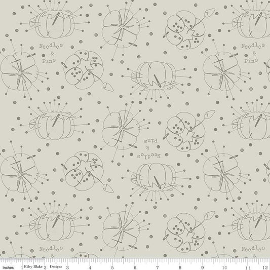 SALE Best of She Who Sews Pincushion Linework C11332 Gray - Riley Blake Designs - Sewing Tomato Pincushions Text - Quilting Cotton Fabric