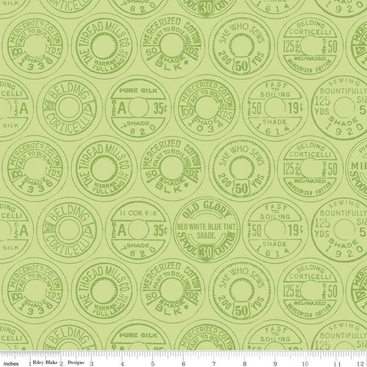 DEAL Best of She Who Sews Low Volume Spool Tops C11338 Green - Riley Blake Designs - Sewing Vintage Thread Labels - Quilting Cotton Fabric